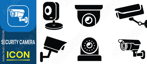 Set of Security Camera icons. Surveillance camera, monitoring, safety home protection system. Fixed CCTV, security, safety or video recording. Vector Template Illustration.