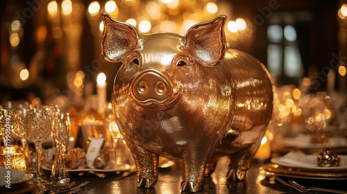 Golden Pig Statue in Luxurious Banquet Setting. Generative AI photo