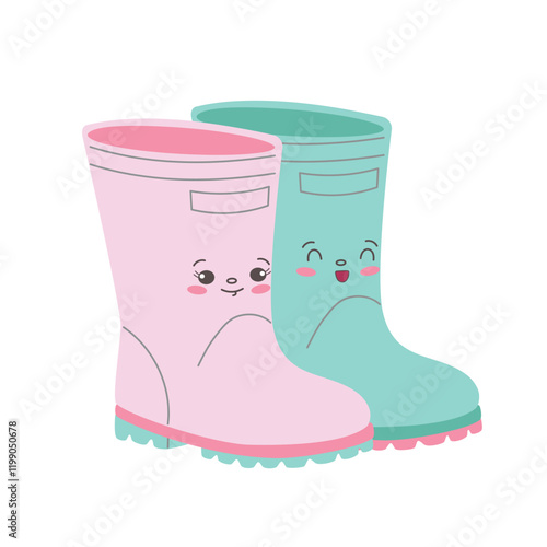 Children's rubber boots, cute illustration in cartoon flat style. Smiling rubber boots for spring child illustration.