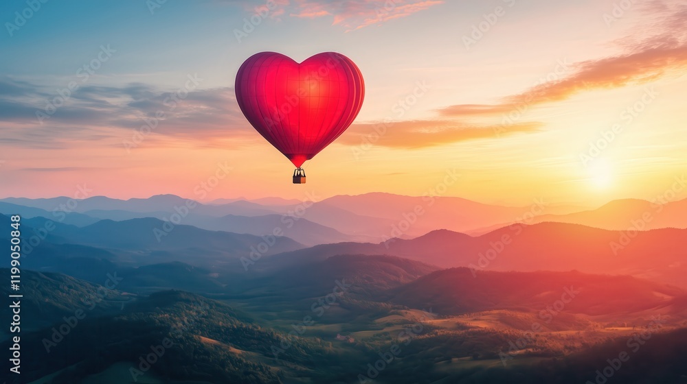 Obraz premium Heart-shaped hot air balloon soaring over a serene sunset landscape.