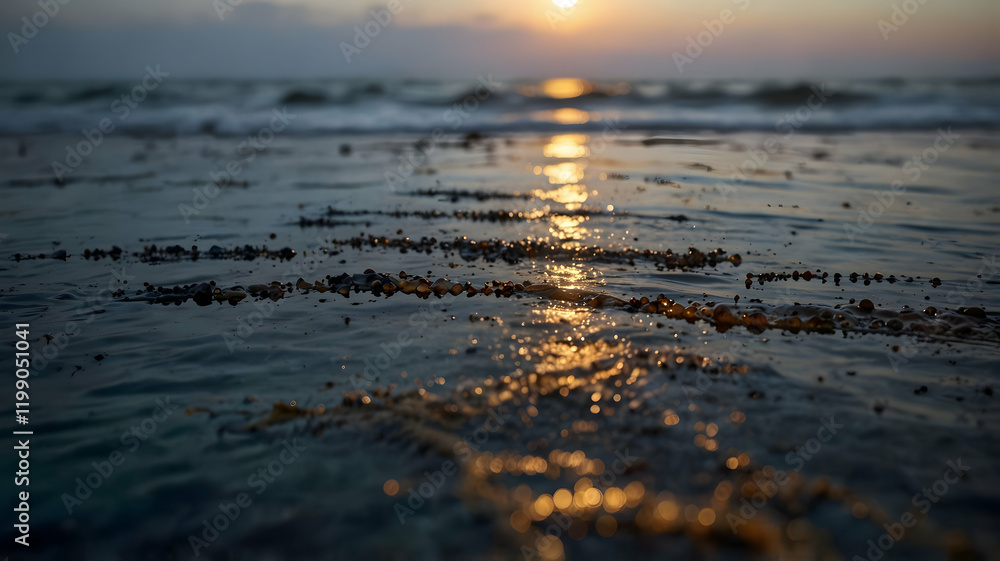 Golden Sunset on the Shore, Close-up of Water and Pebbles Golden Sunset on the Shore, Close-up of Water and Pebbles