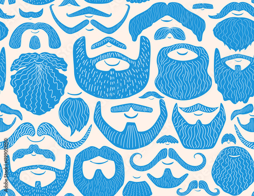 hand drawn varios shapes and styles men beard and mustache seamless pattern, vector illustration repeat design print in blue and cream