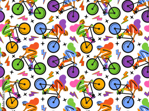 colorful sportswoman female cyclist in retro vintage seamless pattern,  vector illustration repeat design print