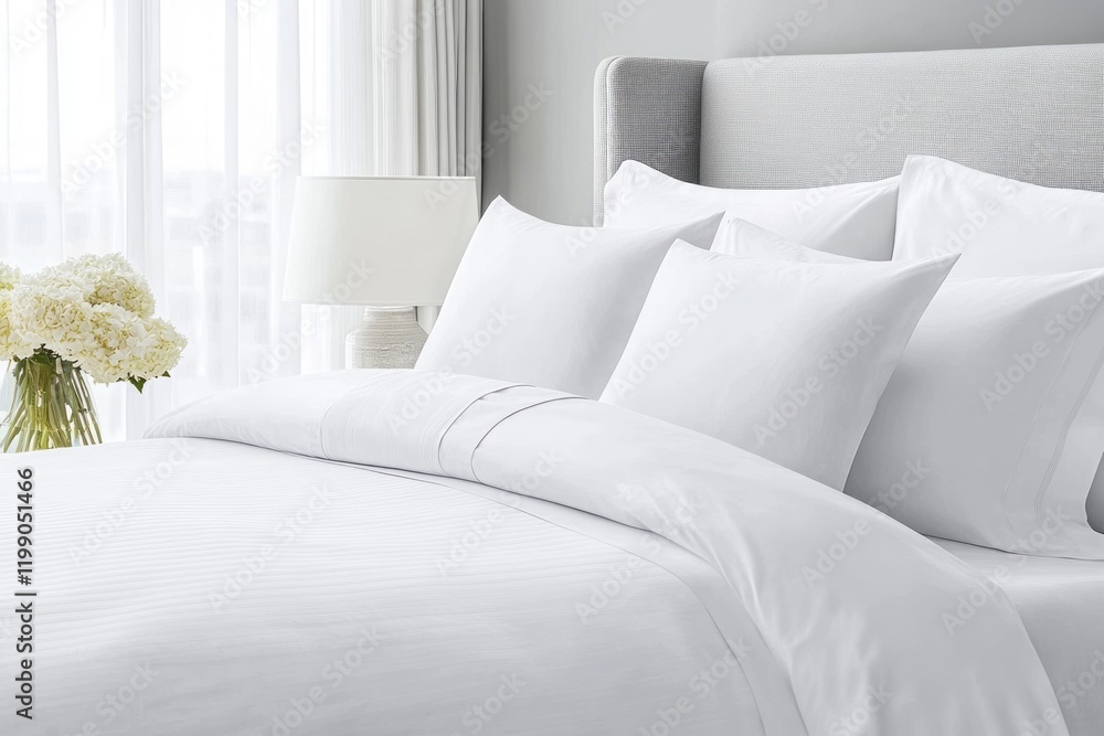 Perfectly made bed with white linens in a hotel room illuminating comfort and relaxation Perfectly made bed with white linens in a hotel room illuminating comfort and relaxation