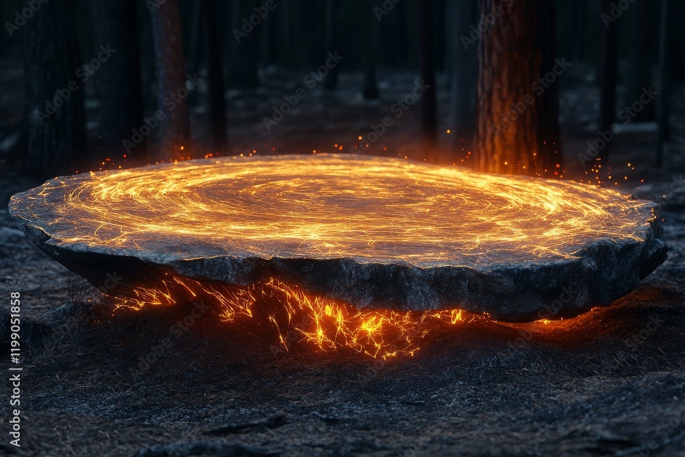 Bright rings float over stone, sparks emerging from a dark background Bright rings float over stone, sparks emerging from a dark background