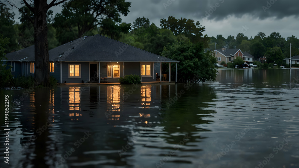 Naklejka premium Flooded Home at Night Under a Dark Sky