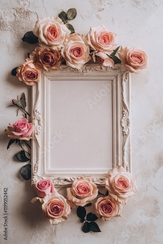Roses frame mockup; textured background; wedding invitation design
