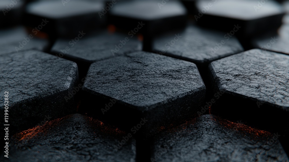 A close-up view of a hexagonal textured surface with dark tones, showcasing detailed patterns and soft lighting creating depth and highlights, evoking a modern, industrial feel A close-up view of a hexagonal textured surface with dark tones, showcasing detailed patterns and soft lighting creating depth and highlights, evoking a modern, industrial feel