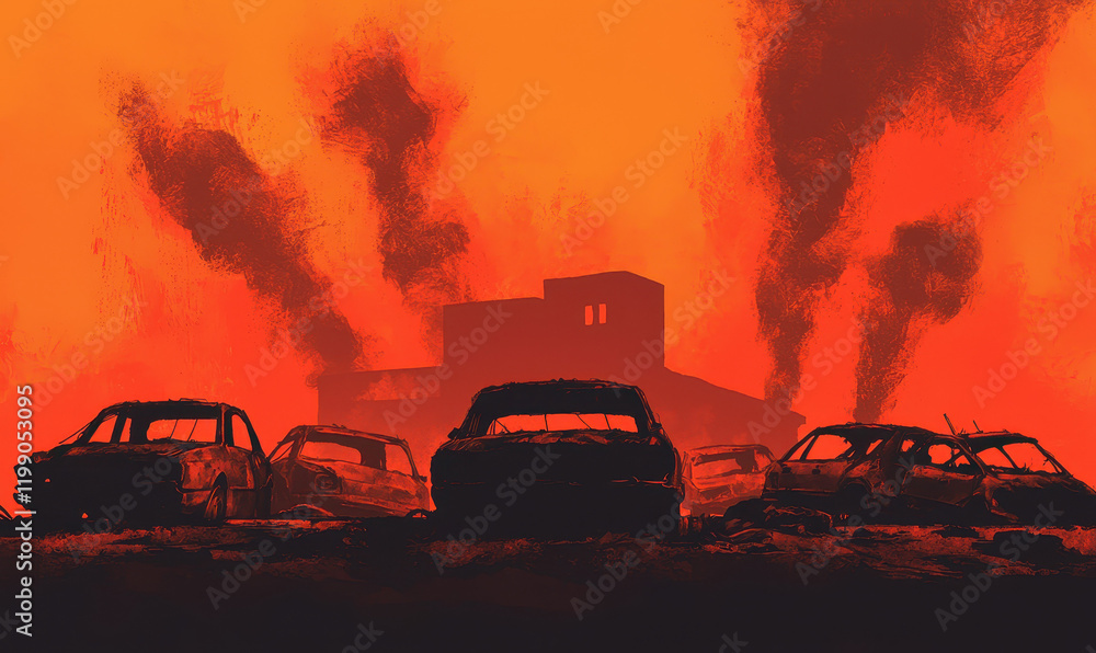 Obraz premium Dramatic Urban Landscape with Burning Vehicles and Smoky Sky: Symbol of Environmental Catastrophe and Urban Decay