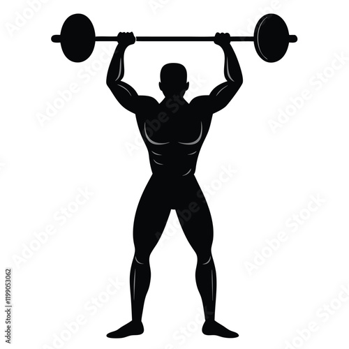 vector silhouette of a weightlifter holding a barbell overhead in a triumphant pose 
