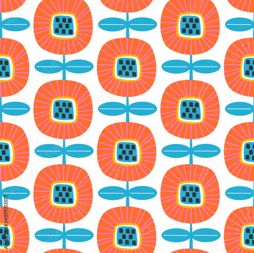 cute scandi blooms seamless pattern in blue orange red on white, floral vector illustration repeat design print