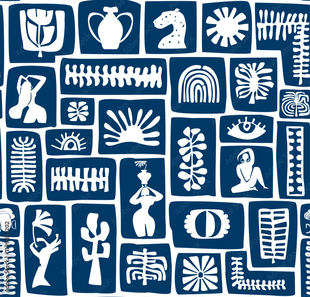 boho bohemian chic blue and white block print style seamless pattern with floral ethnic, tribal botanical elements vector illiustration repeat print design