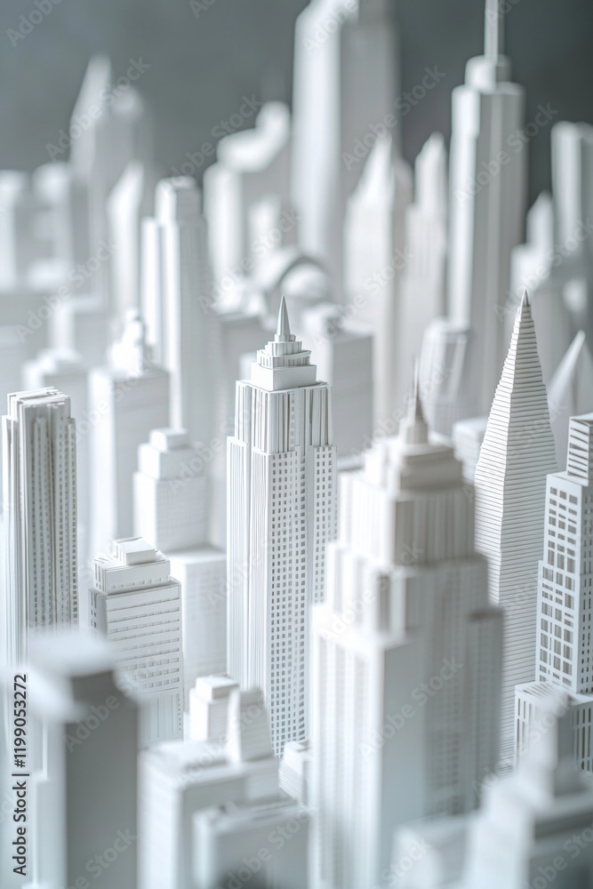 White paper model of a city skyline with skyscrapers, on a gray background White paper model of a city skyline with skyscrapers, on a gray background