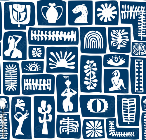 boho bohemian chic blue and white block print style seamless pattern with floral ethnic, tribal botanical elements vector illiustration repeat print design