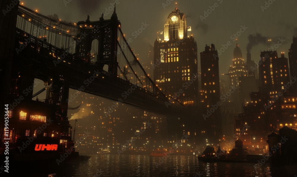 Obraz premium Cyberpunk Cityscape with Bridge and Illuminated Skyscrapers