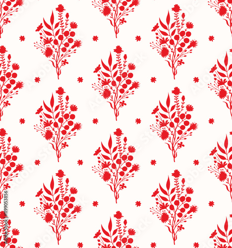 red and cream twigs sprigs branches wildflowers bouquet seamless pattern, farmhouse style floral botanical repeat design print
