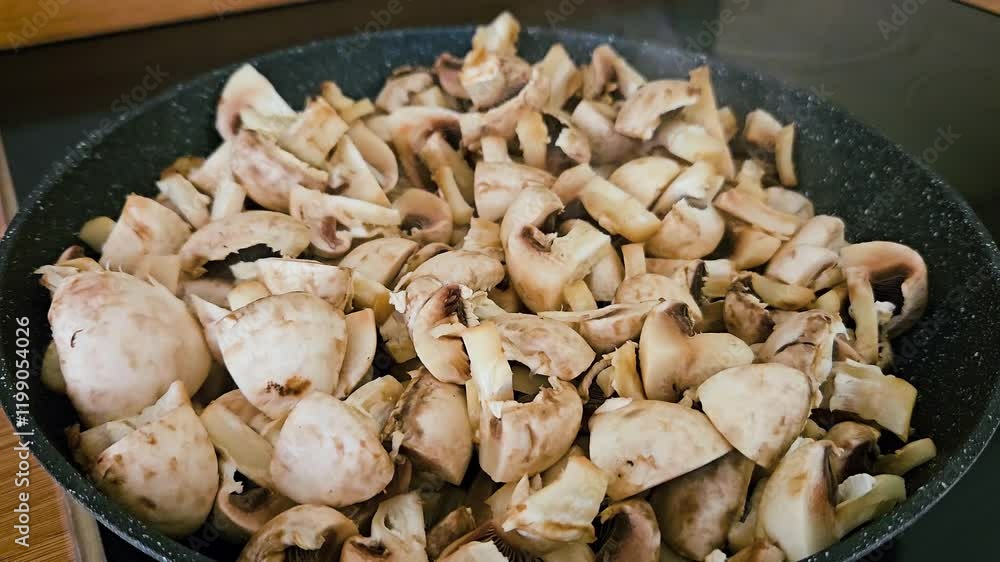 Frying Fresh Mushrooms in Skillet on Stovetop During Home Cooking Session. Mushrooms cooked in pan sauteed by chef in kitchen. Cooking delicious healthy vegan or vegetarian food Frying Fresh Mushrooms in Skillet on Stovetop During Home Cooking Session. Mushrooms cooked in pan sauteed by chef in kitchen. Cooking delicious healthy vegan or vegetarian food