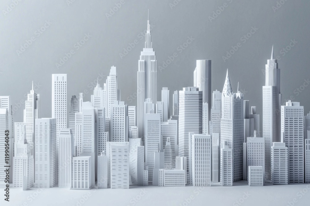 White paper model of a city skyline with skyscrapers, on a gray background White paper model of a city skyline with skyscrapers, on a gray background