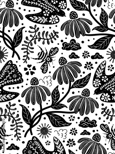 scandi nature meadow flowers botanicals birds and bees black and white seamless pattern, block print style repeat print design vector illustration