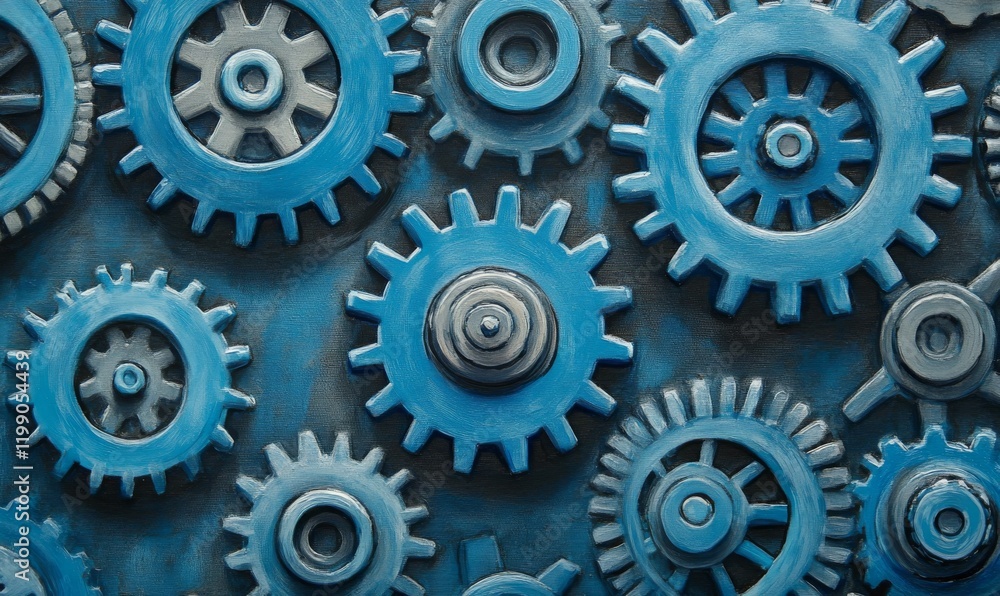Close-up of Interlocking Blue Cogs and Gears