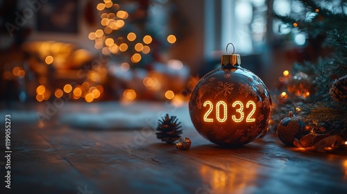 Elegant 2032 Ornament with Holiday Lights. Generative AI photo