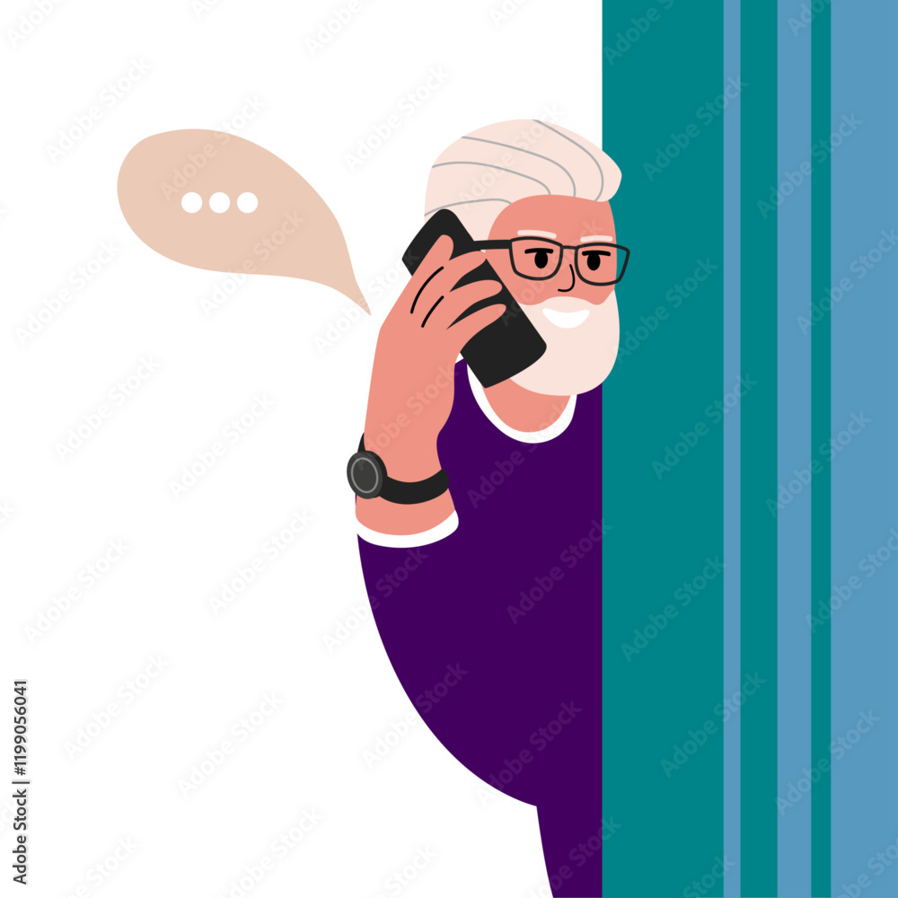 Modern old senior man. Happy elderly curious person looking from behind door holding phone. Trendy aged retired character. Old man peeping, watching and spying on someone. Vector illustration Modern old senior man. Happy elderly curious person looking from behind door holding phone. Trendy aged retired character. Old man peeping, watching and spying on someone. Vector illustration