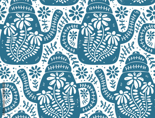 vintage floral tea pots in block print style seamless pattern in dustz blue and white, hand drawn vector illustration repeat design