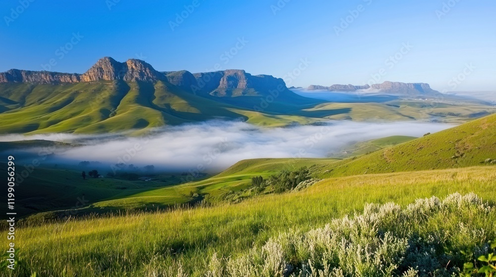 Naklejka premium Misty Mountain Valley at Sunrise