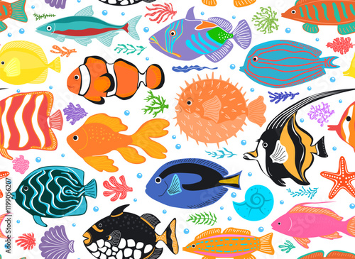 sea marine llife tropical fish school illustraiton on transparent background,  vector illustration repeat seamless pattern print