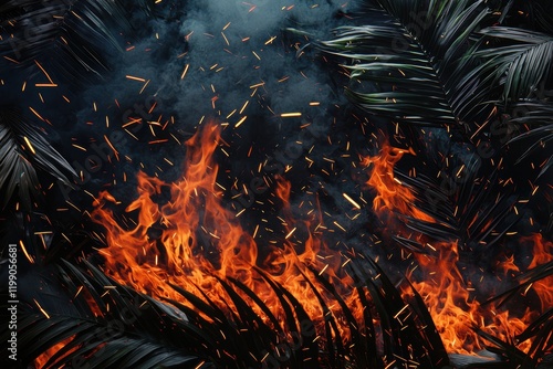 Fototapeta Naklejka Na Ścianę i Meble -  A chaotic jungle engulfed in fiery energy, glowing sparks dancing in the air, capturing the essence of nature s unpredictable wrath