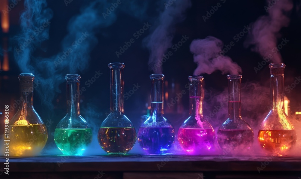 Colorful Chemical Reaction in Glass Flasks with Smoke Colorful Chemical Reaction in Glass Flasks with Smoke
