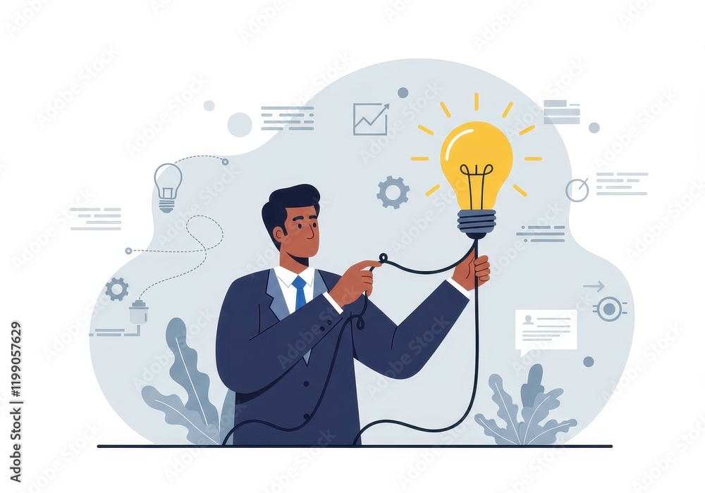 Businessman illuminating new ideas with lightbulb: concept of innovation and success Businessman illuminating new ideas with lightbulb: concept of innovation and success