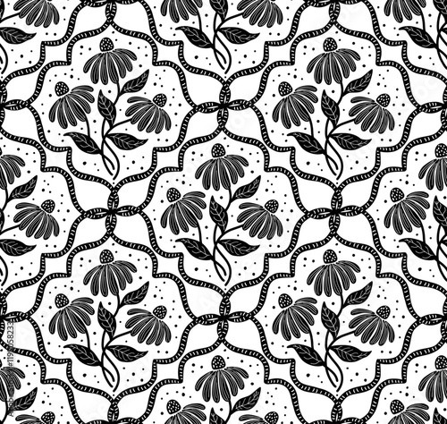 coneflower granny cottage core grandmillennial chic flowers in ogees black and white seamless pattern, vector illustration repeat design