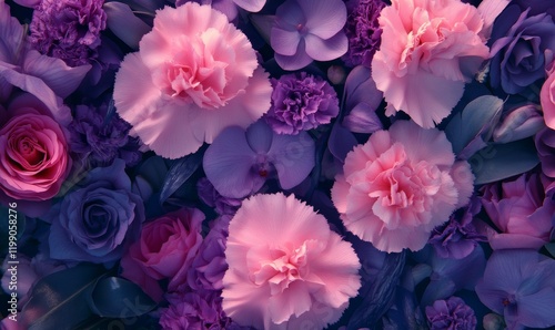 Colorful flower bouquet background made of pink and purple carnation and orchid flowers wall for background and wallpaper