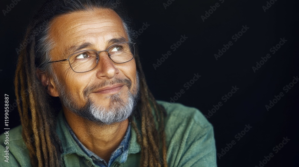 Obraz premium A man with long dreadlocks and glasses smiles while looking up, appearing deep in thought. The dark background emphasizes his relaxed demeanor and contemplative expression