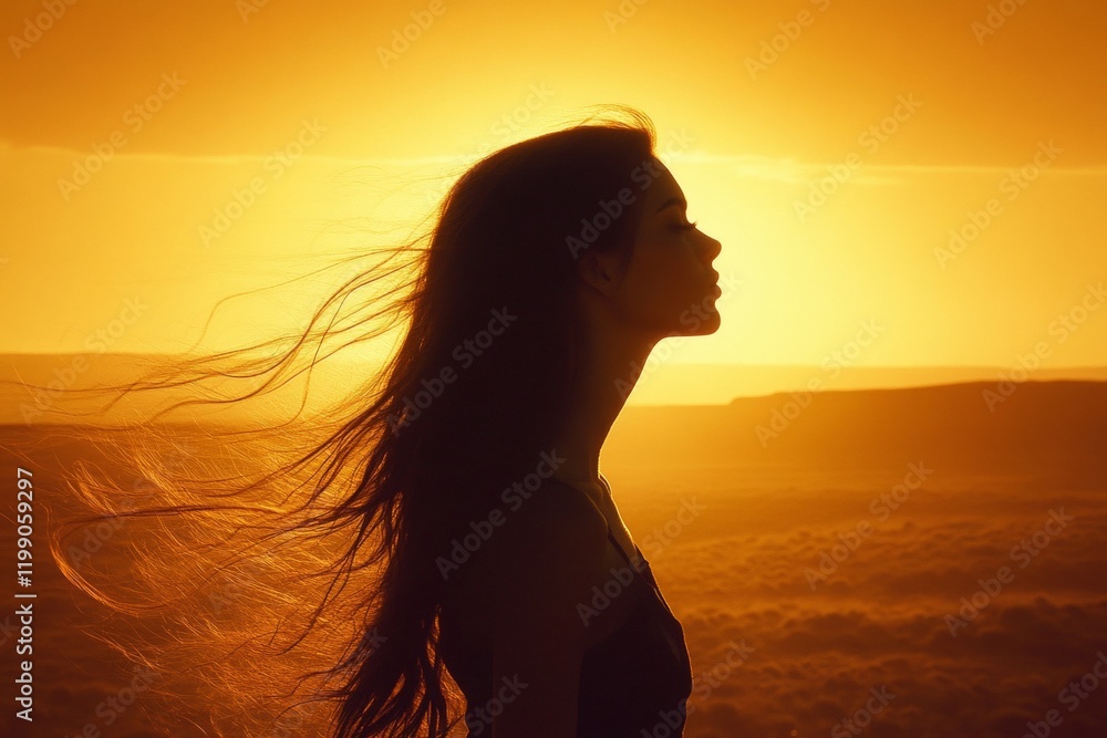 Fototapeta premium A woman is standing in front of a large red sun