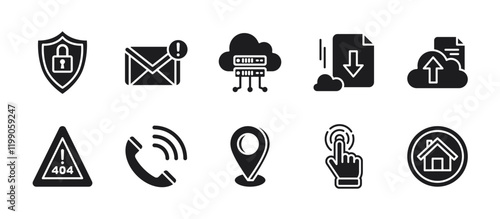 Website or technology icon pack in glyph style, showing internet security, mail notification, cloud server, download and upload files, error 404, contact us, hand cursor and home button.