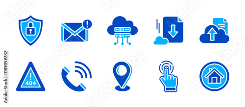 Website or technology icon pack in colorful flat style, showing internet security, mail notification, cloud server, download and upload files, error 404, contact us, hand cursor and home button.