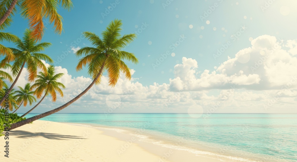 Idyllic tropical beach with palm trees and sunlit clouds on a peaceful day Idyllic tropical beach with palm trees and sunlit clouds on a peaceful day