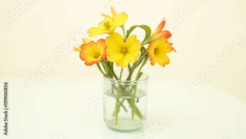 Wallpaper Mural A glass vase with a bouquet of yellow and orange daffodils on a light background.

 Torontodigital.ca