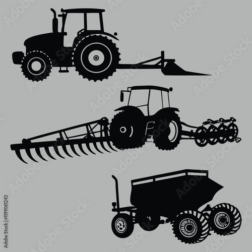 farming equipment silhouette vector design art and illustration