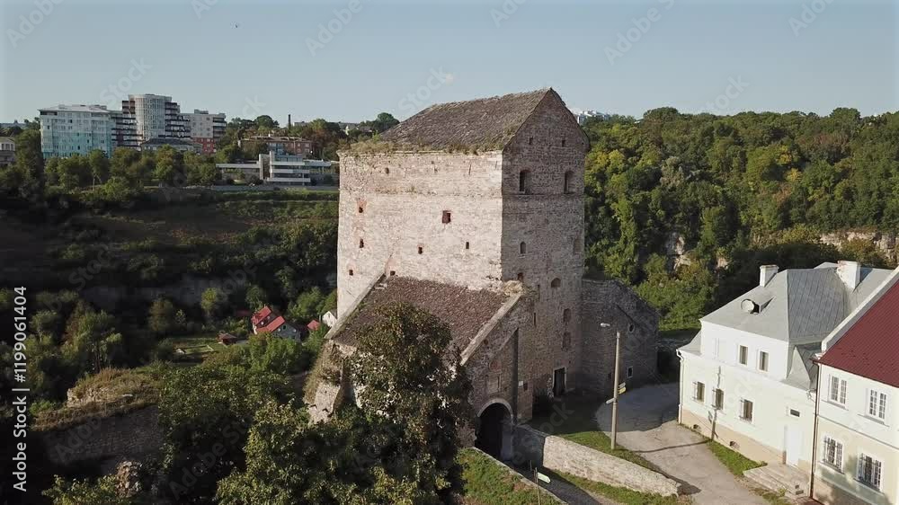 Aerial view of Medieval Bastion at Kamyanets-Podilskyi,Ukraine on a sunny day.Pan left slowly. Aerial view of Medieval Bastion at Kamyanets-Podilskyi,Ukraine on a sunny day.Pan left slowly.