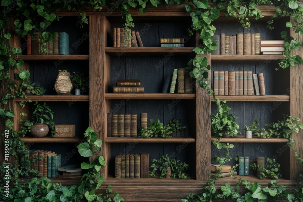 A room with a black bookshelf and a chair