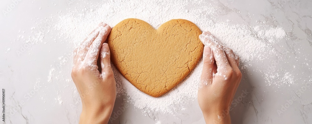 Fototapeta premium A couple baking heart-shaped cookies in a modern kitchen, their hands covered in flour, and laughter filling the air