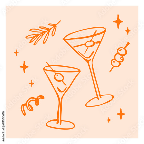 Couple of martini coctail glasses with olives. Hand drawn ink vector illustration. Elements for poster, social media, banners, invitation. Trendy coquette core template.   