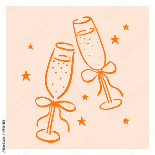 Couple of champagne glasses with bows. Hand drawn ink vector illustration. Elements for poster, social media, banners, invitation. Trendy coquette core template.  