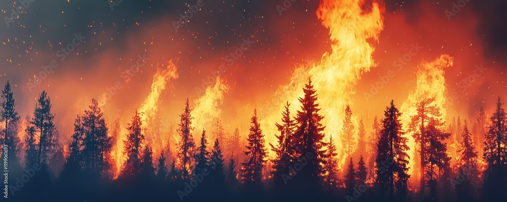 A dramatic scene of wilderness on fire, with flames roaring and sparks flying, representing an explosive outburst of destruction A dramatic scene of wilderness on fire, with flames roaring and sparks flying, representing an explosive outburst of destruction
