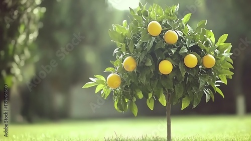 A vibrant orange tree laden with ripe fruits, set in a sunlit garden with lush green grass and sparkling light effects