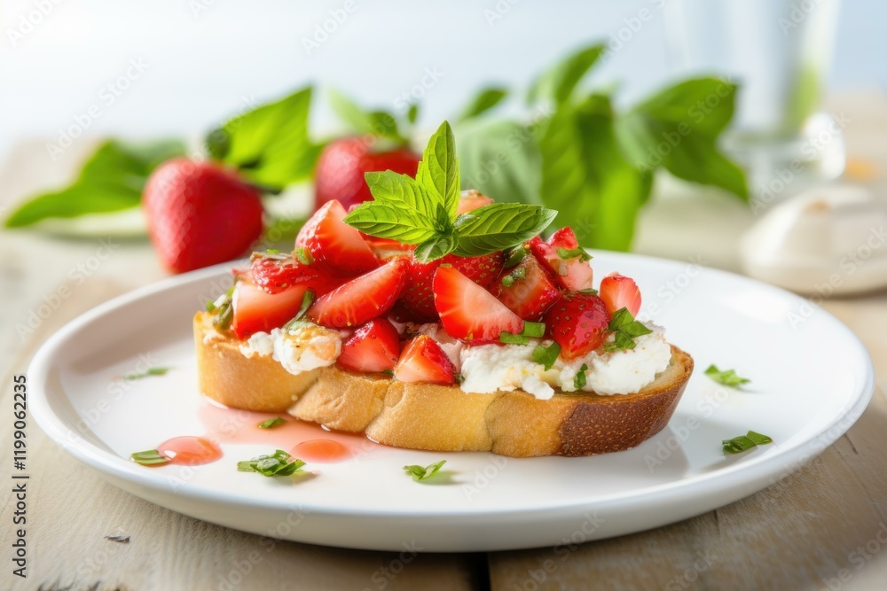 Delicious appetizer featuring fresh strawberries and creamy goat cheese on toasted baguette, garnished with fragrant basil Delicious appetizer featuring fresh strawberries and creamy goat cheese on toasted baguette, garnished with fragrant basil