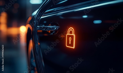Detailed closeup of car door with lock icon, showcasing high tech design